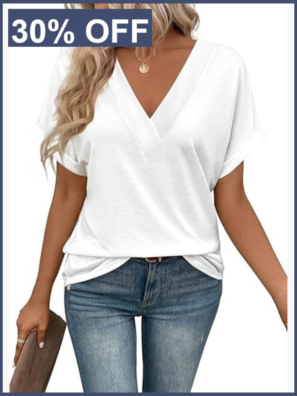 Women's V-Neck Rolled Short Sleeve Tee Summer Business Casual Top